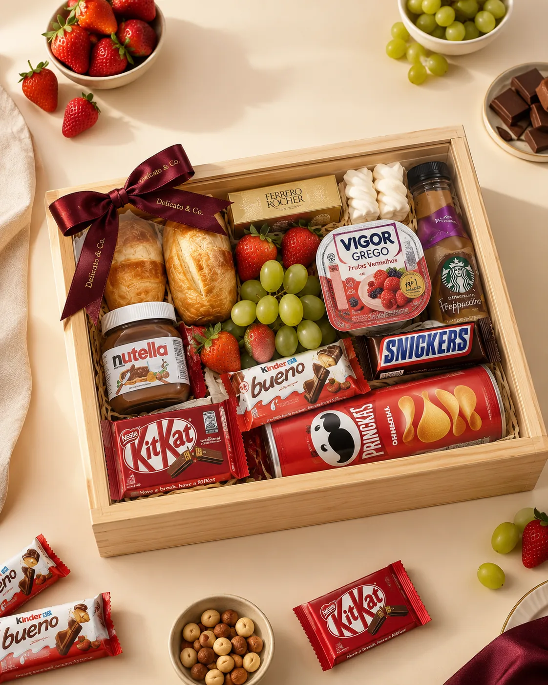 Caixa Delicato Teen: croissants, chocolates, snacks, iogurte, frutas e café em caixa de madeira.