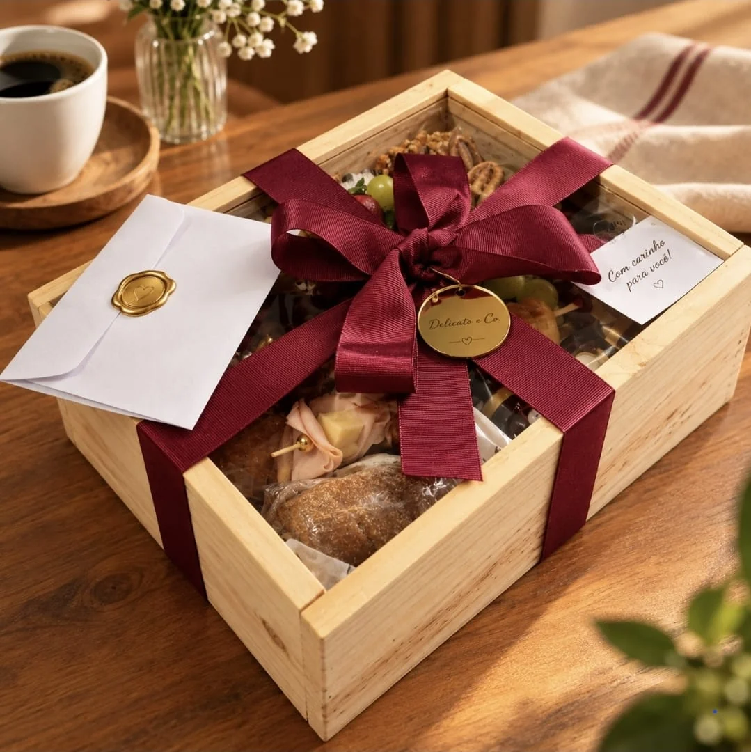 Caixa de madeira com tampa de vidro, fechada com laço vinho, cartão com selo dourado e medalha Delicato, sobre uma mesa de madeira ao lado de uma xícara de café.