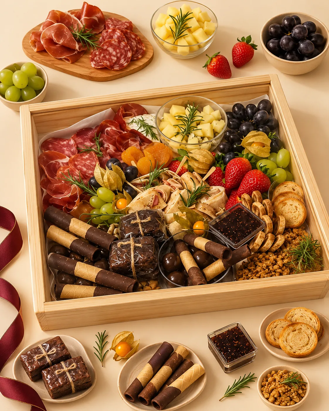 Caixa Delicato Compartilhar: frios italianos, queijos, wraps, bombons, canudinhos de wafer, torradas e frutas, em caixa de madeira.