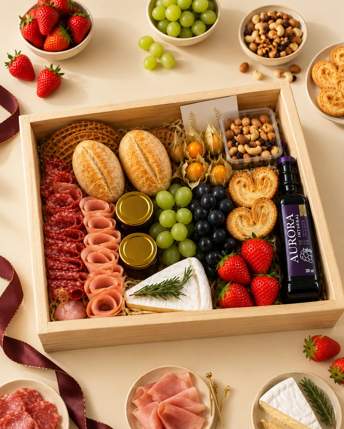 Caixa Delicato Reserva: pães, frios enrolados, queijo brie, uvas, morangos, biscoito palmier e suco de uva integral.