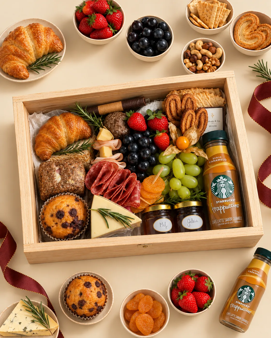Caixa Delicato Essência: croissant, pão, bolo, brownie, salame, peito de peru, queijos, mel, geleia, frutas e café Starbucks, em caixa de madeira.